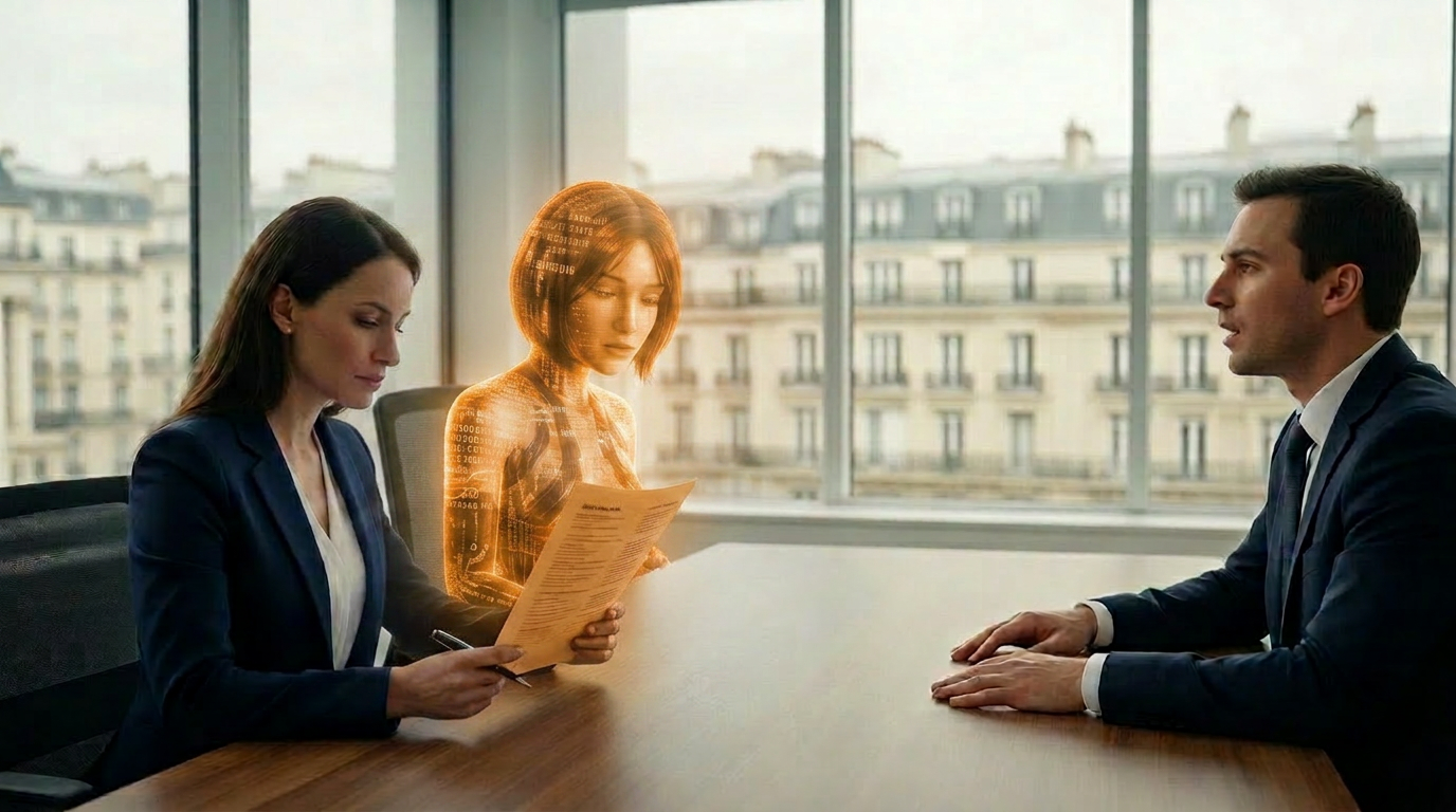 Two recruiters meeting in a European office discussing a CV on the desk